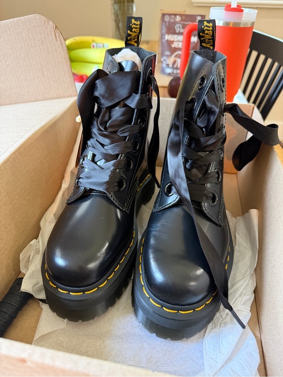Dr. Martens Shoes - Dr. Martens Black Leather Platform Combat Boots with Yellow Stitching